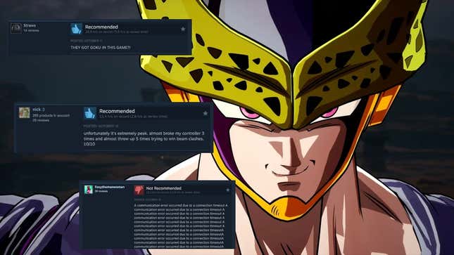 A screenshot of Cell in Dragon Ball: Sparking Zero, with a range of Steam reviews superimposed over the left side of the image.