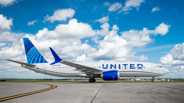 A photo of a United Airlines Boeing 737 Max aircraft. 