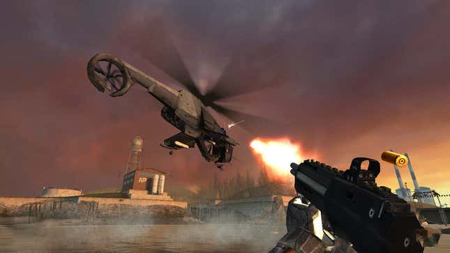 A screenshot of Gordon shooting a heli with an SMG in Half-Life 2. 