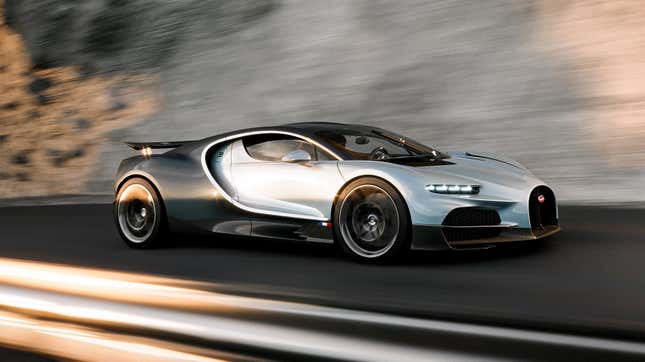 Front 3/4 view of a blue Bugatti Tourbillon in motion