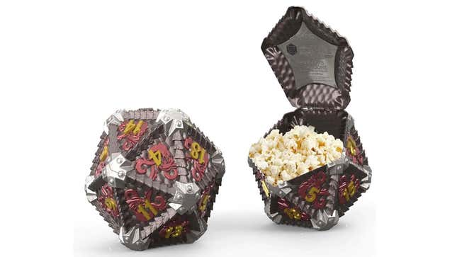 A very large 20-sided die that can be opened to reveal a bounty of delicious popcorn inside.