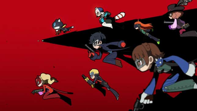 The Phantom Thieves jump into battle against a red and black background.