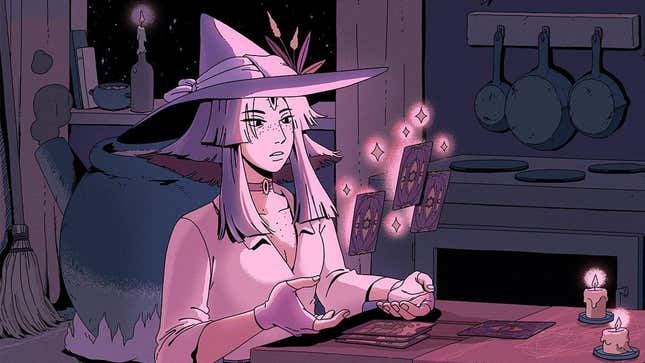 A witch bathed in purple light looks at floating tarot cards in front of her