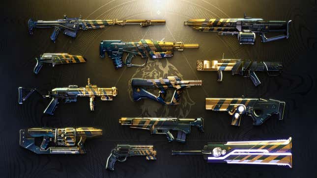 A collection of Destiny 2's Brave weapons on display.