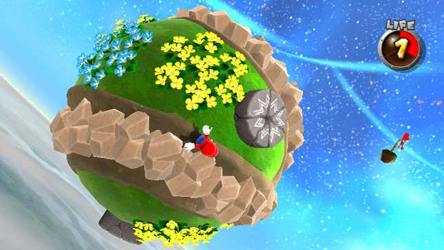 Mario takes a walk along a mini-planetoid. 