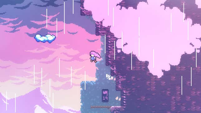 The main character of Celeste jumps off a wall.