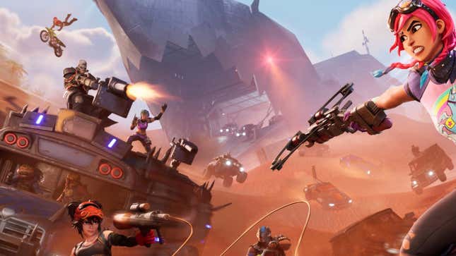 Key art for the current Fortnite season shows a machine gun turret atop a Warbus being fired and a number of modified vehicles in the background rolling over sandy dunes.