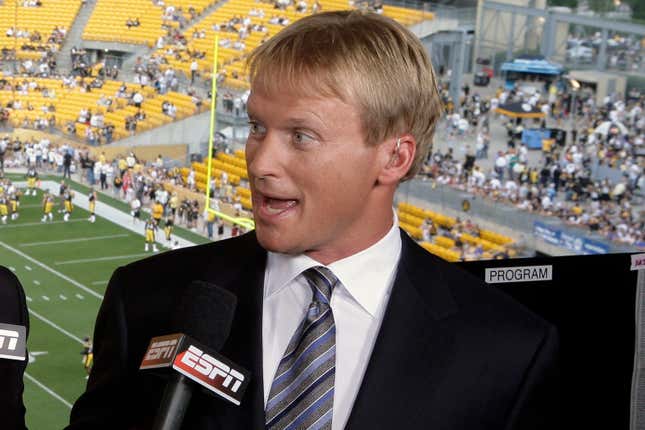 FILE - ESPN football announcer John Gruden speaks before an NFL preseason game between the Pittsburgh Steelers and Arizona Cardinals in Pittsburgh, Thursday, Aug. 13, 2009. An appeal by the NFL of a crucial ruling in a contract interference and conspiracy lawsuit filed in 2021 by former Las Vegas Raiders coach Jon Gruden has been scheduled for a Nov. 7 hearing before the Nevada Supreme Court. Attorneys for Gruden, the NFL and Commissioner Roger Goodell and a league representative did not respond to email messages Thursday, Oct. 12, 2023, about a notice the court posted Wednesday scheduling oral arguments in Las Vegas.(AP Photo/Gene J. Puskar, File)