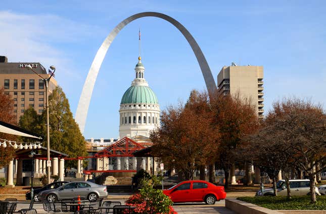 ST. LOUIS, MO - NOVEMBER 02: Old Court House and Gateway Arch, as photographed from Citygarden in St. Louis, Missouri on NOVEMBER 02, 2012. 