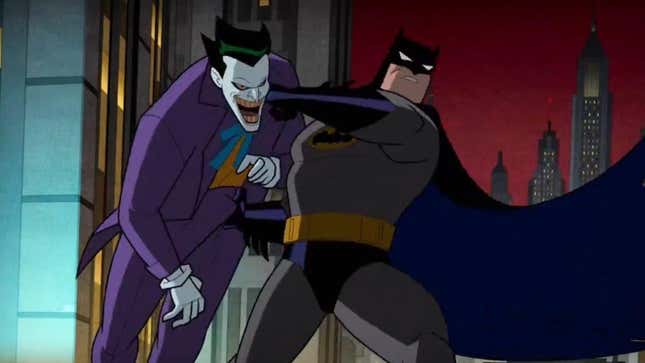 Batman throws the Joker. 