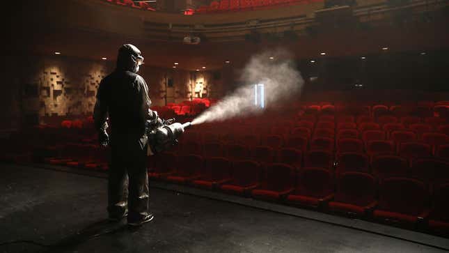 A disinfection worker wearing protective clothing sprays anti-septic solution in an Sejong Culture Center on July 21, 2020 in Seoul, South Korea.