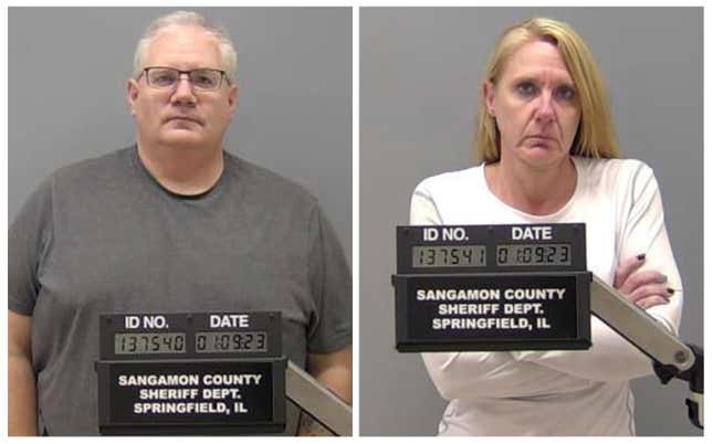 This combination of photos provided by the Sangamon County Sheriff’s Dept. shows Peter J. Cadigan, left, and Peggy Jill Finley on Jan. 9, 2023, in Springfield, Ill. 