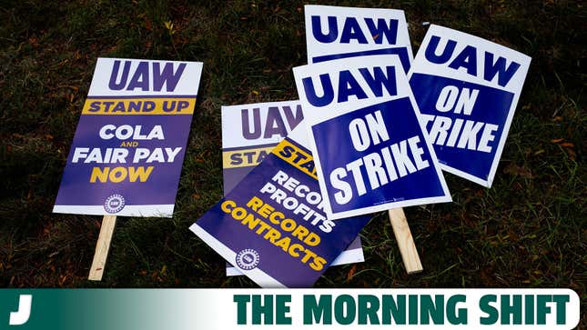 A photo of UAW strike banners on the floor. 