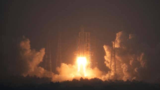 The Long March 5, carrying China’s Chang’e-6 lunar mission, lifting off from the Wenchang Satellite Launch Center in south China’s Hainan province Friday, May 03, 2024.