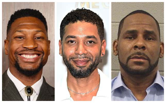 Jonathan Majors, left; Jussie Smollett, and R. Kelly.