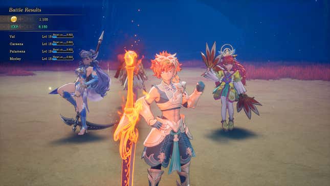 Three heroes pose after a battle.