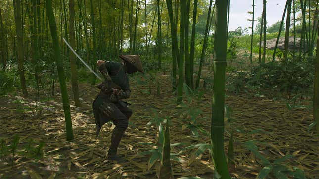 An Assassin’s Creed: Shadows screenshot using the Photo Mode of Naoe in a bamboo forest.