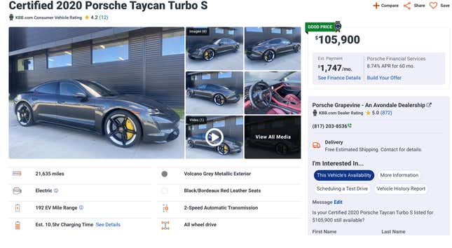 Image for article titled Porsche&#39;s electric rival to Tesla has lost up to $100,000 in value