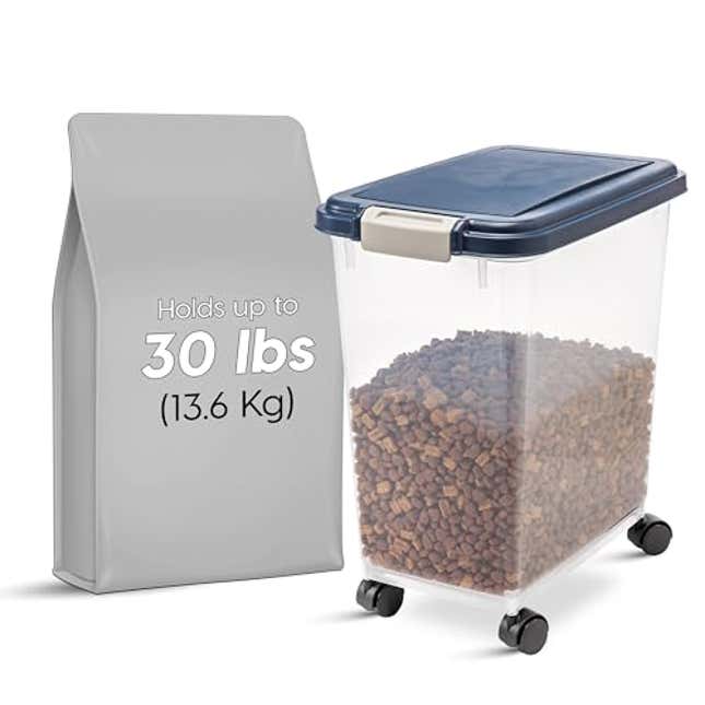 Image for article titled IRIS USA 30 Lbs / 33 Qt WeatherPro Airtight Pet Food Storage Container with Attachable Casters, Now 16% Off