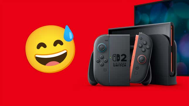The Switch 2 sits next to a nervous emoji face.