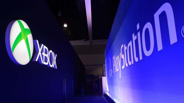 An image shows an Xbox logo next to a PlayStation logo at E3. 