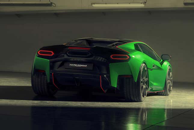 Rear 3/4 view of a green Lamborghini Temerario