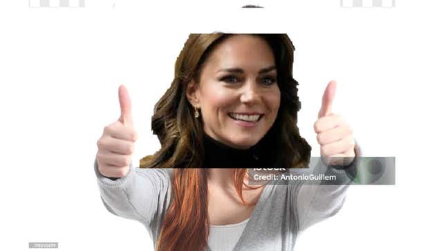 Una captura de pantalla de la cabeza de un meme Kate Middleton mal retocada con Photoshop en el cuerpo de otra persona.