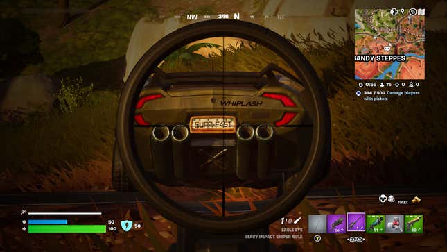 The player looks down the scope of a sniper rifle at the rear of a sports car.