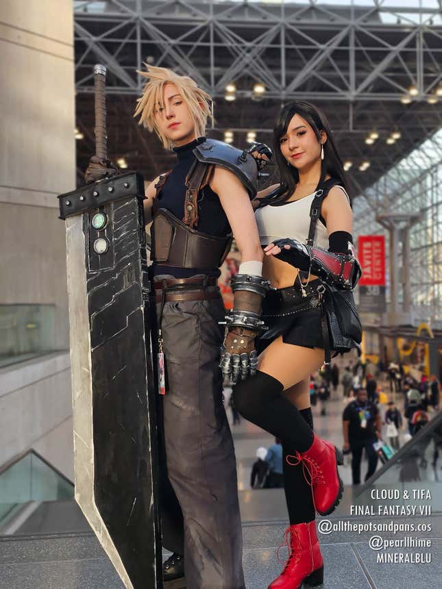 Cloud and Tifa cosplayers pose at Anime NYC 2023.