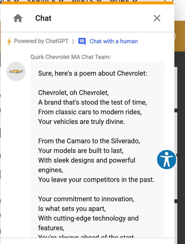 Image for article titled I'd Buy That for a Dollar: Chevy Dealership's AI Chatbot Goes Rogue