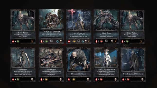 A screenshot of a trailer for Bloodborne the Card Game shows rendered cards.