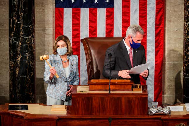 US House Minority Leader Kevin McCarthy (R-CA) walks away after gavelling in Speaker of the House Nancy Pelosi (D-CA) at the US Capitol on January 3, 2021 in Washington, DC. 