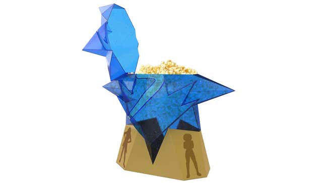 A blue, star-shaped plastic container of popcorn on a little stand with silhouettes of characters from Marvels on it.