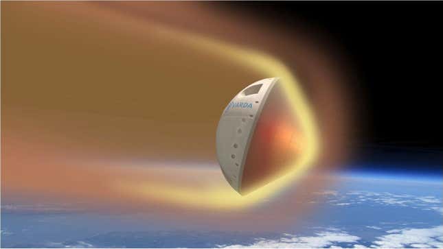 An illustration of the W-Series 1 spacecraft reentering Earth’s atmosphere.