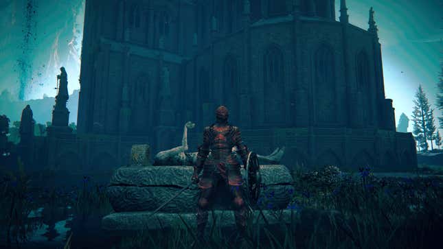 The player character in Elden Ring stands in front of a coffin.