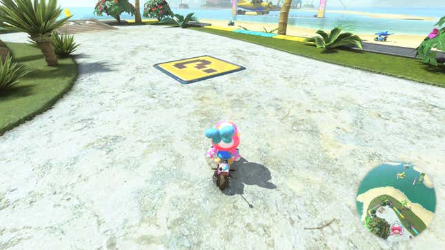 A character stands before a question mark panel in Mario Kart World.