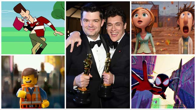 Clockwise from upper left: Clone High (Touchstone Television), Phil Lord and Chris Miller at the 91st Annual Academy Awards Governors Ball (Robyn Beck/Getty Images), Cloudy With A Chance of Meatballs (Sony), Spider-Man: Across The Spider-Verse (Sony), The Lego Movie (Warner Bros.)