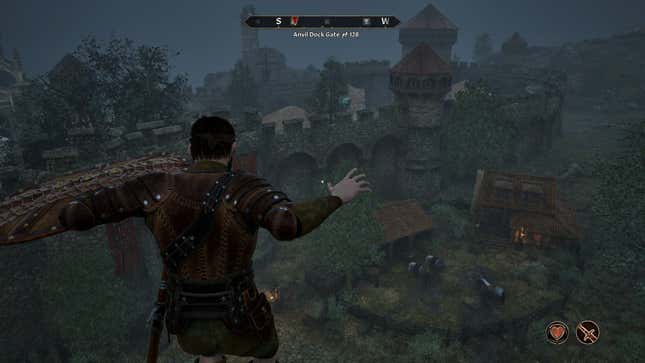 The player character flying over Anvil in Oblivion Remastered.