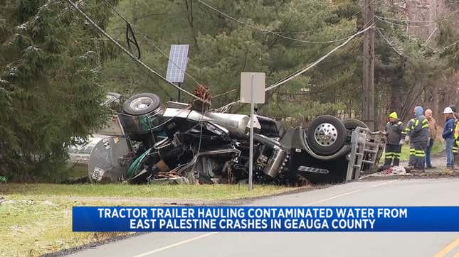 A screenshot of video show the crashed tanker truck upside down on the roadside