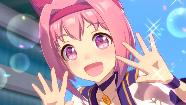 A horse girl waving at the camera.