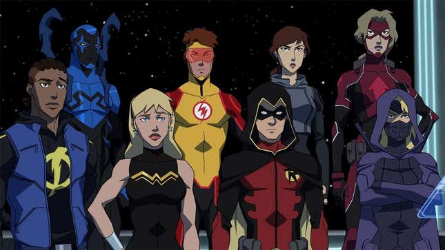 The teen heroes of HBO Max's Young Justice: Outsiders, standing at attention. 