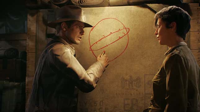 Indiana Jones draws circles on a wall.