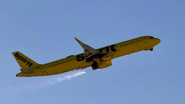 A Spirit Airlines plane in the air.