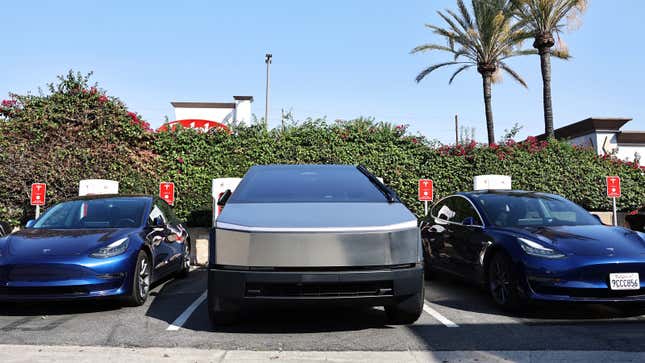 A photo of a Tesla Cybertruck charging at a station.