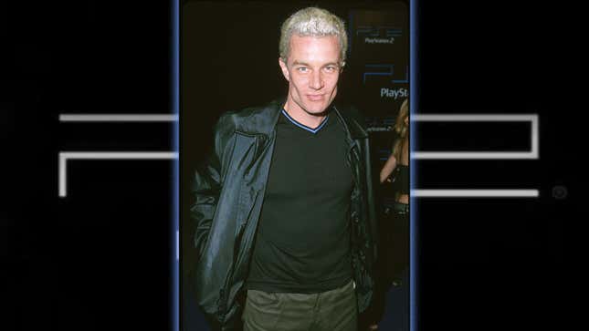 James Marsters stands on the PS2 blue carpet. 