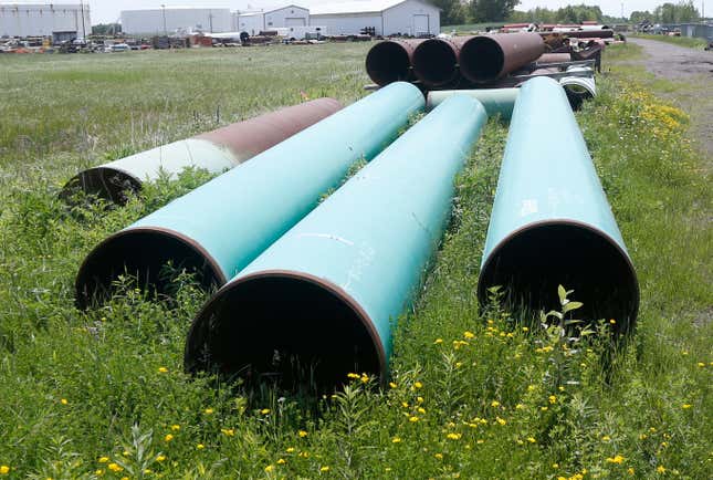 FILE - Pipeline used to carry crude oil sits at the Superior, Wis., terminal of Enbridge Energy, June 29, 2018. An attorney for energy company Enbridge worked Thursday, Feb. 8, 2024, to persuade a federal appellate court to vacate an order to shut down a portion of a pipeline that runs through a Wisconsin tribal reservation within three years. (AP Photo/Jim Mone, File)