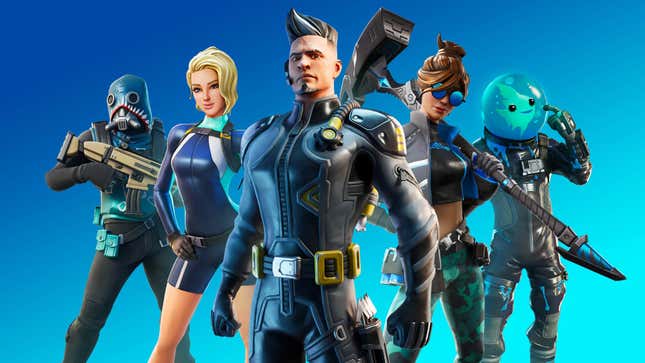 A group of Fortnite characters standing together in front of a blue background. 