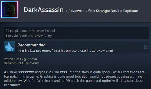 A screenshot shows a Steam review of Life is Strange: Double Exposure.