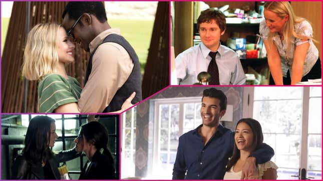 Clockwise from top left:  Kristen Bell and William Jackson Harper in The Good Place,  Martin Freeman and Lucy Davis in The Office, Justin Baldoni and Gina Rodriguez in Jane The Virgin, and Amy Acker and Sarah Shahi in Person Of Interest