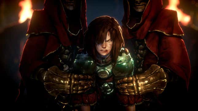 A girl is held by two cloaked guards with golden metal gloves.